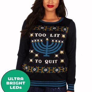 Too Lit To Quit Menorah LED Light-Up Hanukkah Humorous Sweater NEW Fast Ship